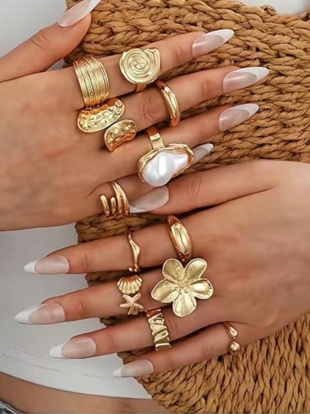 10 Pcs Chunky Gold Rings for Women, Stackable Open Statement Flower Ring Set